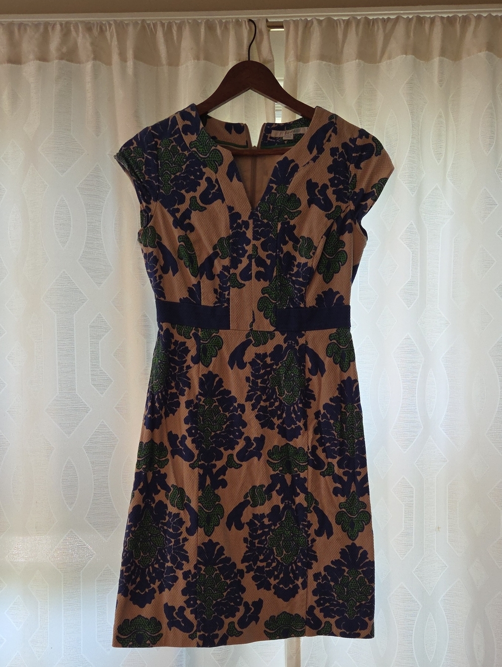 Boden Beige Midi Dress with Navy & Green Floral Print